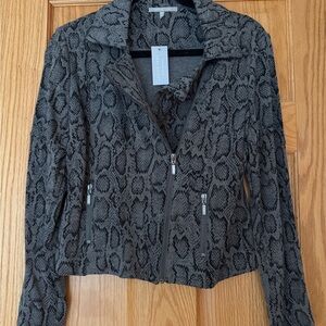 Grey Snake-Print Zip Front Leather Jacket